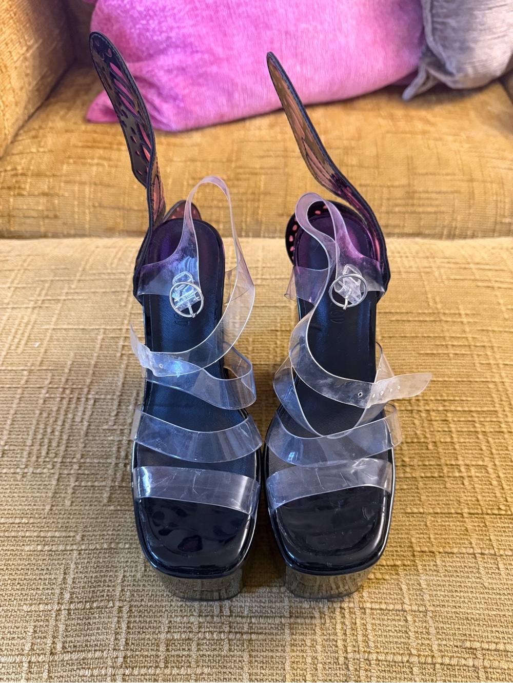 Dolls Kill Black Patent Platform Sandals with Pink Butterfly Wings - Picture 4 of 4